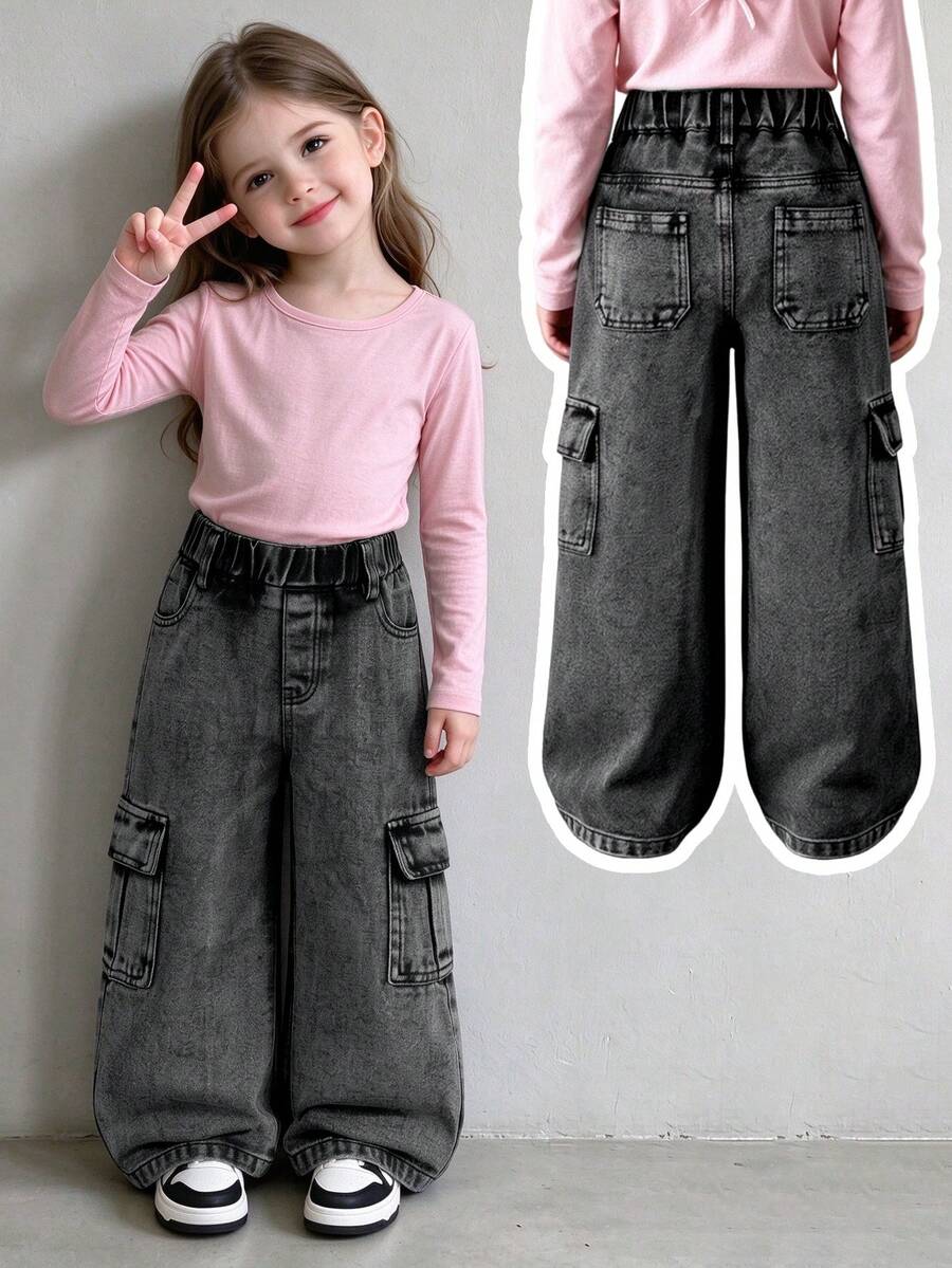 Wide Leg Denim Jeans For Toddlers, Charcoal Graphite Marble Black With Pockets, Unique, Fashionable, Streetwear - Black - View 1