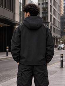 Men's Black Hooded Jacket, 3D Cut, Standard Fit, Long Sleeve - Black - View 2