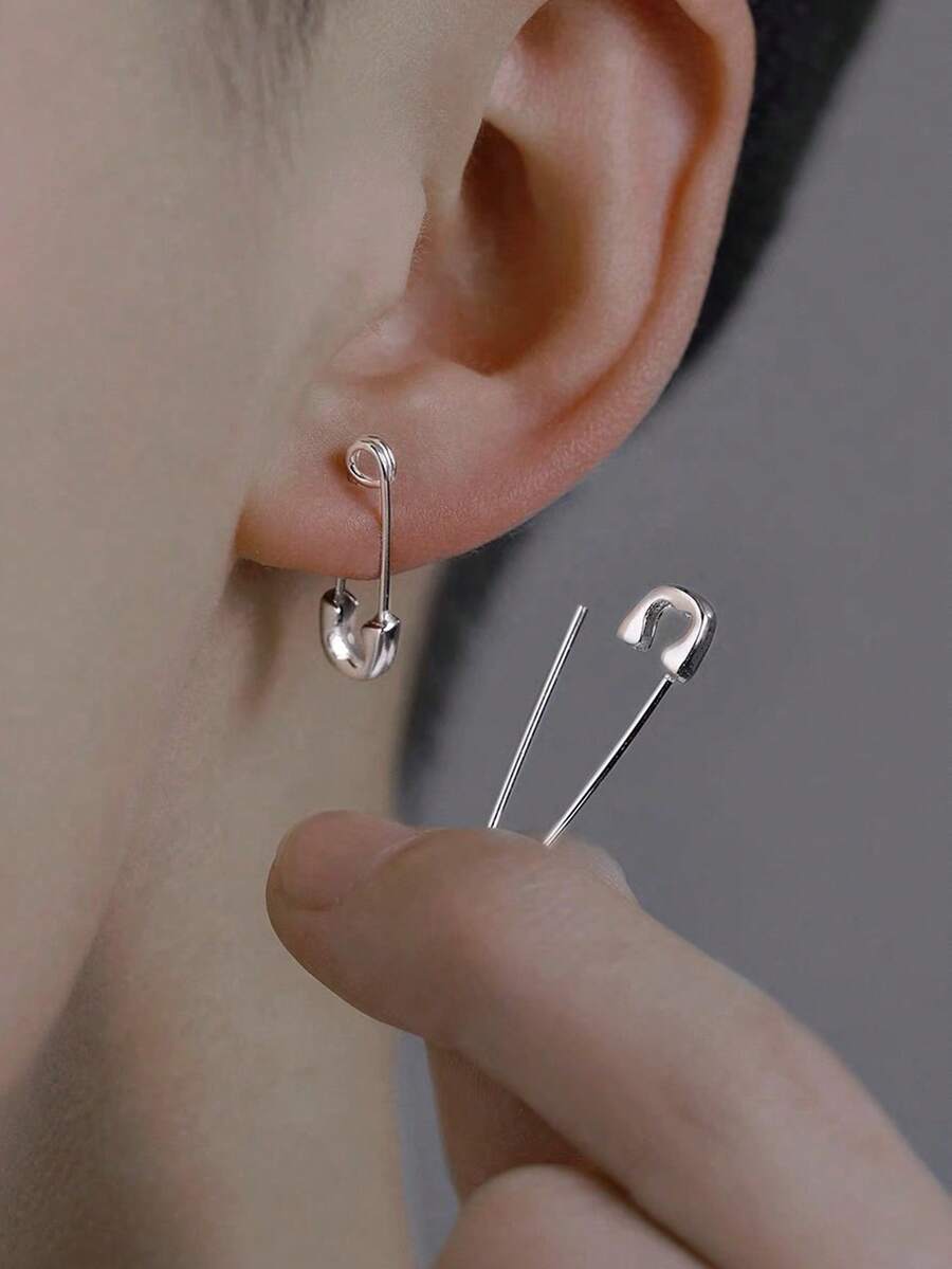 1pair Creative & Fashionable Pin Style Stud Earrings For Men, Suitable For Any Occasion - Silver - View 1