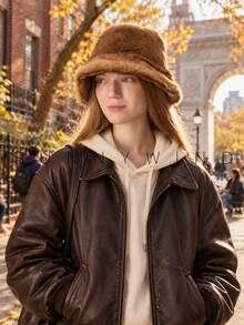 1PC Solid Color Faux Fur Bucket Hat, Casual College Style, Versatile Fashion Polyester Hat For Autumn/Winter Daily Wear - Brown - View 4