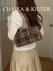 CHAIKA & KILTER 1件裝純色麂皮布料女款復古時尚啞光單肩保齡球包，對比色絎縫縫線，雙手柄設計，拉鍊開合，適合日常與街頭穿搭 - 棕色 - 查看 8