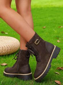 Women's Lace Up Combat Ankle Boots With Zipper And Lug Sole - Brown - View 5