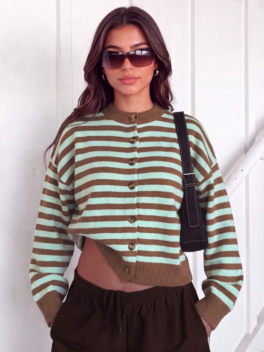 Women's Striped Print Front Button Long Sleeve Crew Neck Cropped Knit Cardigan, Casual Drop Shoulder Sweater Jacket - Mint Blue - View 1