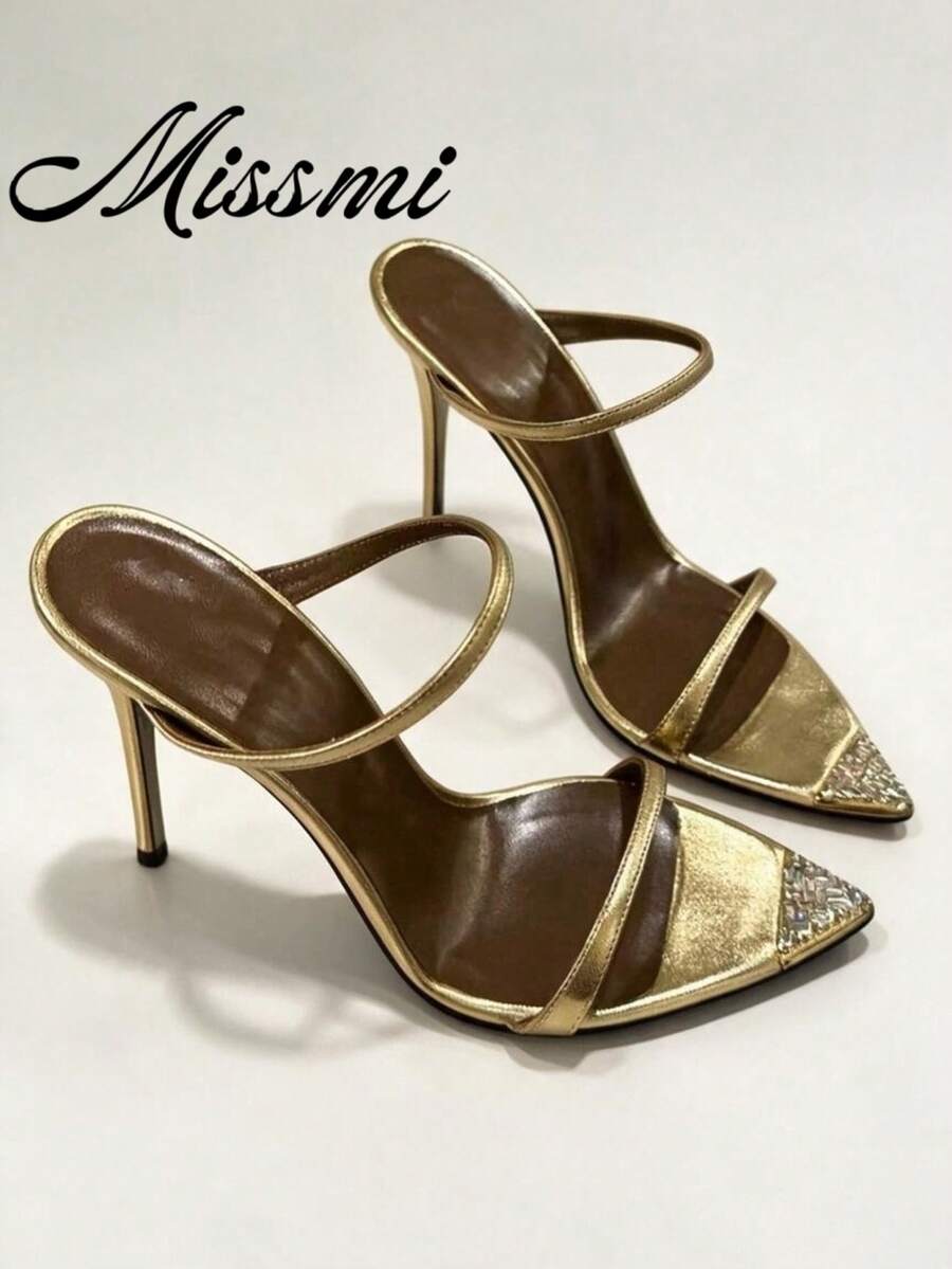 European And American Pointed Toe High Heels, Thin Heel, Rhinestone Embellished, Sexy Open Toe Elegant Dress Sandals For Women,Summer Shoes