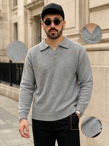 Lookun Sweater Polo Pria Kerah Kecil, Atasan Lengan Panjang Leher V, Gaya Kasual untuk Komuter Musim Gugur/Dingin - Grey - View 3