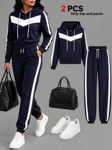 2pcs Women's Sports Set, Fashionable Comfortable Colorblock Jacket And Casual Pants, Suitable For Spring And Autumn Elegant Wear - Navy Blue + White - View 1