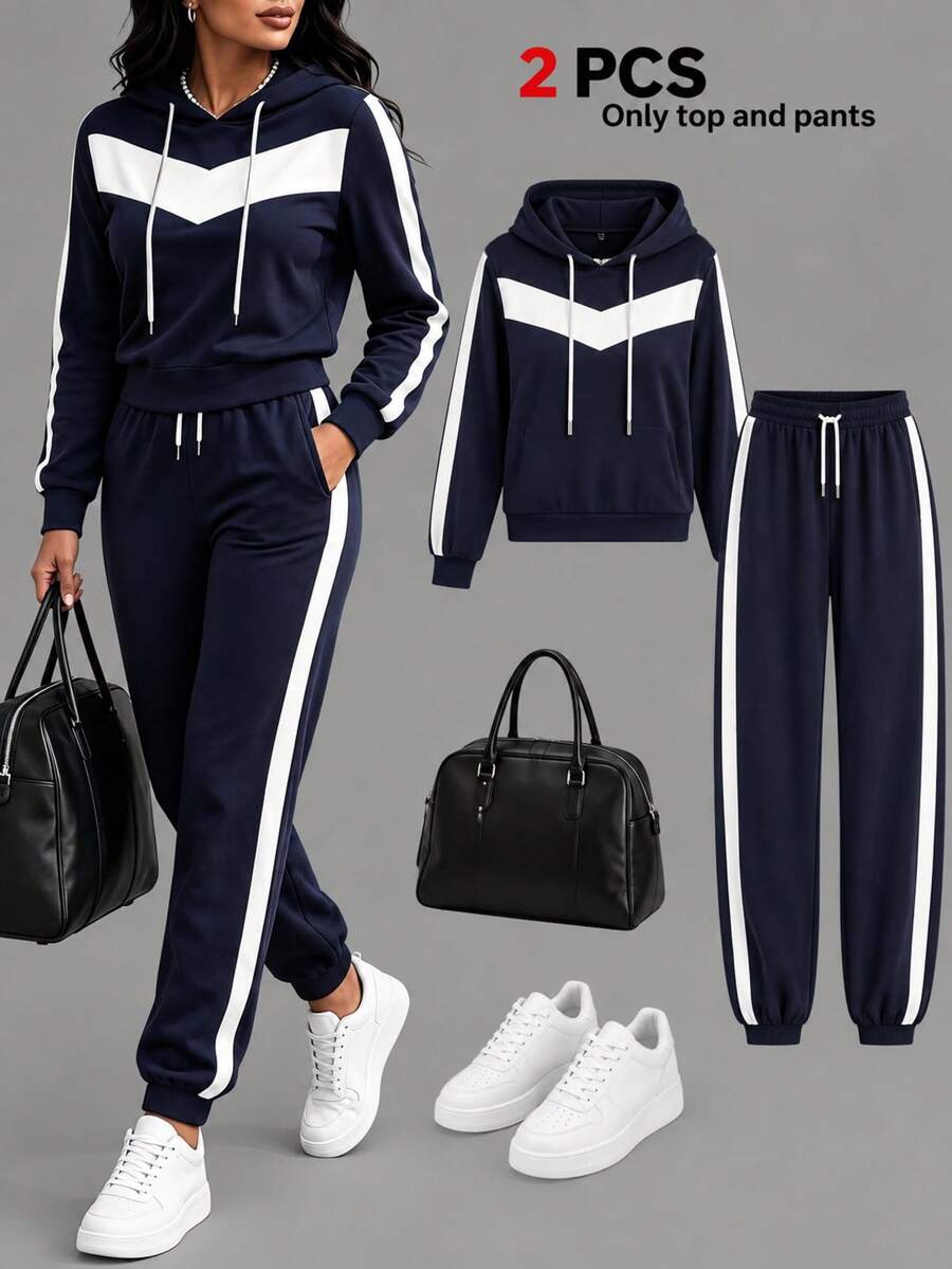 2pcs Women's Sports Set, Fashionable Comfortable Colorblock Jacket And Casual Pants, Suitable For Spring And Autumn Elegant Wear - Navy Blue + White - View 1
