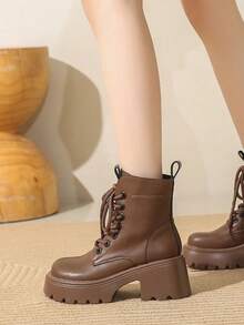 2026 New British Style Women's Boots, Lace-Up Chunky Heel High Heel Ankle Boots, Motorcycle Boots, Brown Boots - Brown - View 4