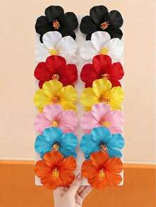 3pcs Random Color Hawaiian Style Hibiscus Hair Clips, Multicolor Artificial Tropical Flower Hair Accessories, Suitable For Women Girls Holiday Party Summer Beach Decoration - Multicolor - View 1