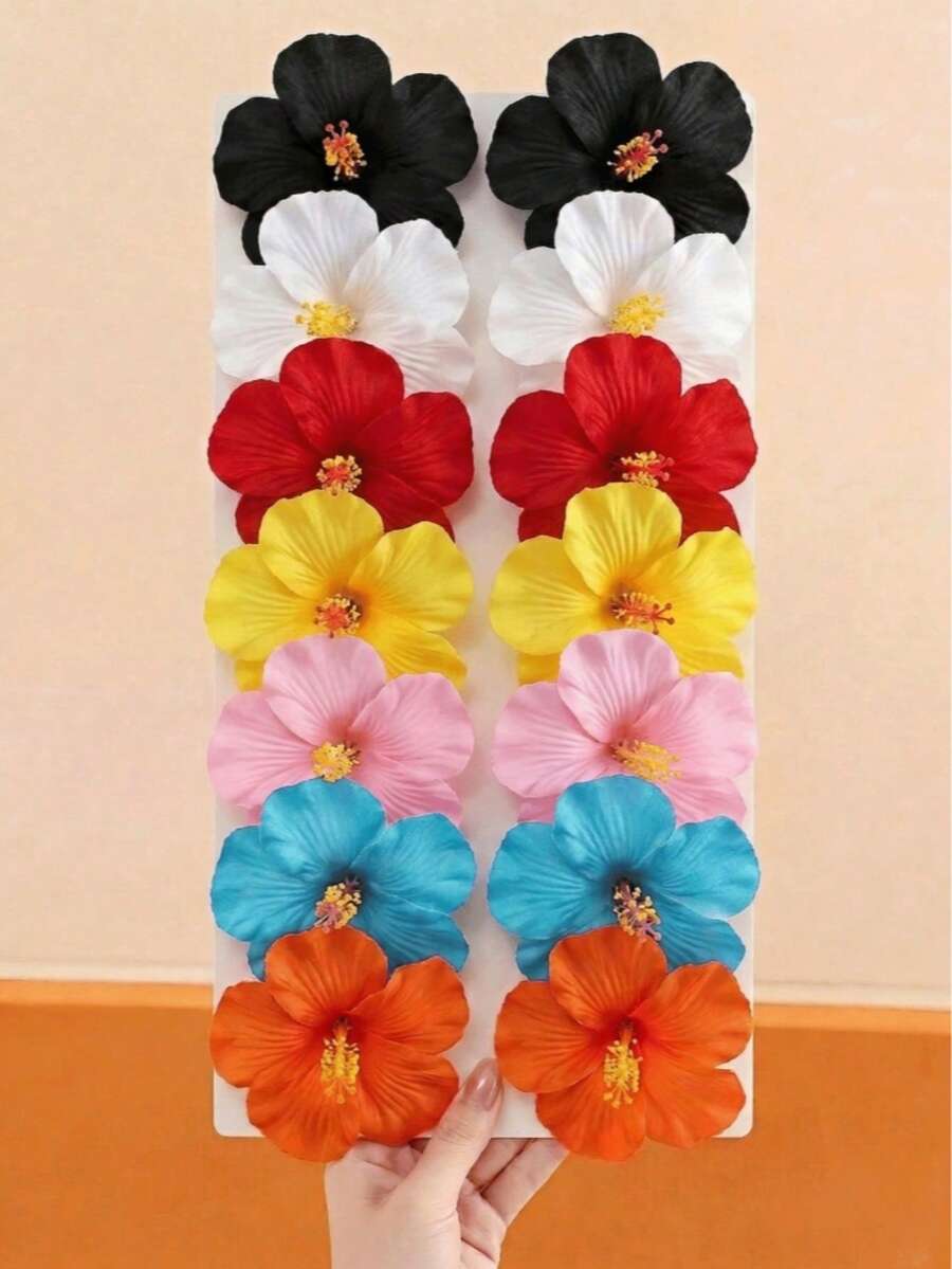 3pcs Random Color Hawaiian Style Hibiscus Hair Clips, Multicolor Artificial Tropical Flower Hair Accessories, Suitable For Women Girls Holiday Party Summer Beach Decoration - Multicolor - View 1