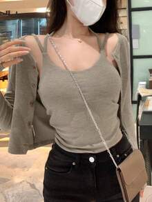 Vintage Soft Style Knit Short Cardigan & Camisole Set For Women - Khaki - View 3