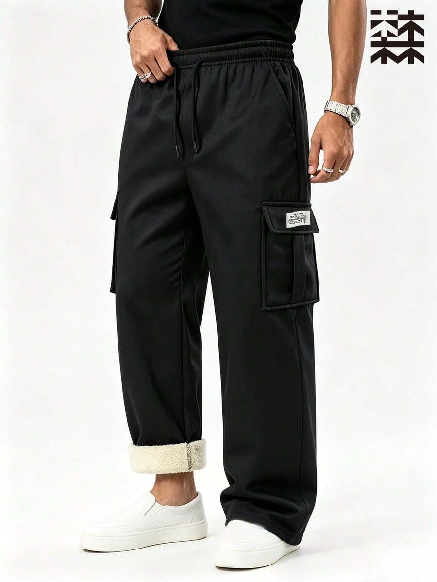 Mulinsen Men's Fleece Lined Cargo Pants, Winter Loose Straight Leg Multi-Pocket Drawstring Waist Warm Casual Long Pants - Black - View 1