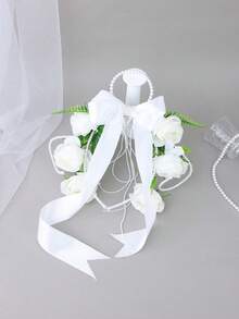 1 buah Bunga Mawar Putih & Pita Satin dengan Gagang Mutiara, Buket Bunga Tangan Elegan untuk Acara Pernikahan, Pesta, dan Properti Foto - Putih - View 8