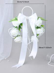 1 buah Bunga Mawar Putih & Pita Satin dengan Gagang Mutiara, Buket Bunga Tangan Elegan untuk Acara Pernikahan, Pesta, dan Properti Foto - Putih - View 9