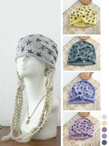 1pc Star Pattern Rolled Cuff Slouchy Beanie, Korean Style Face-Slimming Oversized Head Wrap Hat For Women, Spring Autumn Fashion Loose Large Circumference Cold Weather Cap - Large Black Star - View 13