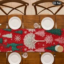 1件裝聖誕仿刺繡馴鹿桌旗，紅色底色配雪花與聖誕樹印花，聚酯纖維挺身布料，長方形，適合節日用餐與戶外派對，適用於居家餐廳、餐廳、廚房用品、派對餐桌裝飾 - 紅白色 - 查看 3