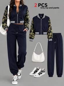 Women's Spring/Autumn Fashion Casual Home-Style 2 Pieces Set, Colorblock Long Sleeve Top With Solid Drawstring Pants, Slim Fit Flattering Waist-Cinching Comfortable Outfit For Daily Wear, Street, Sports, Airport And Spring Break - Navy - View 1