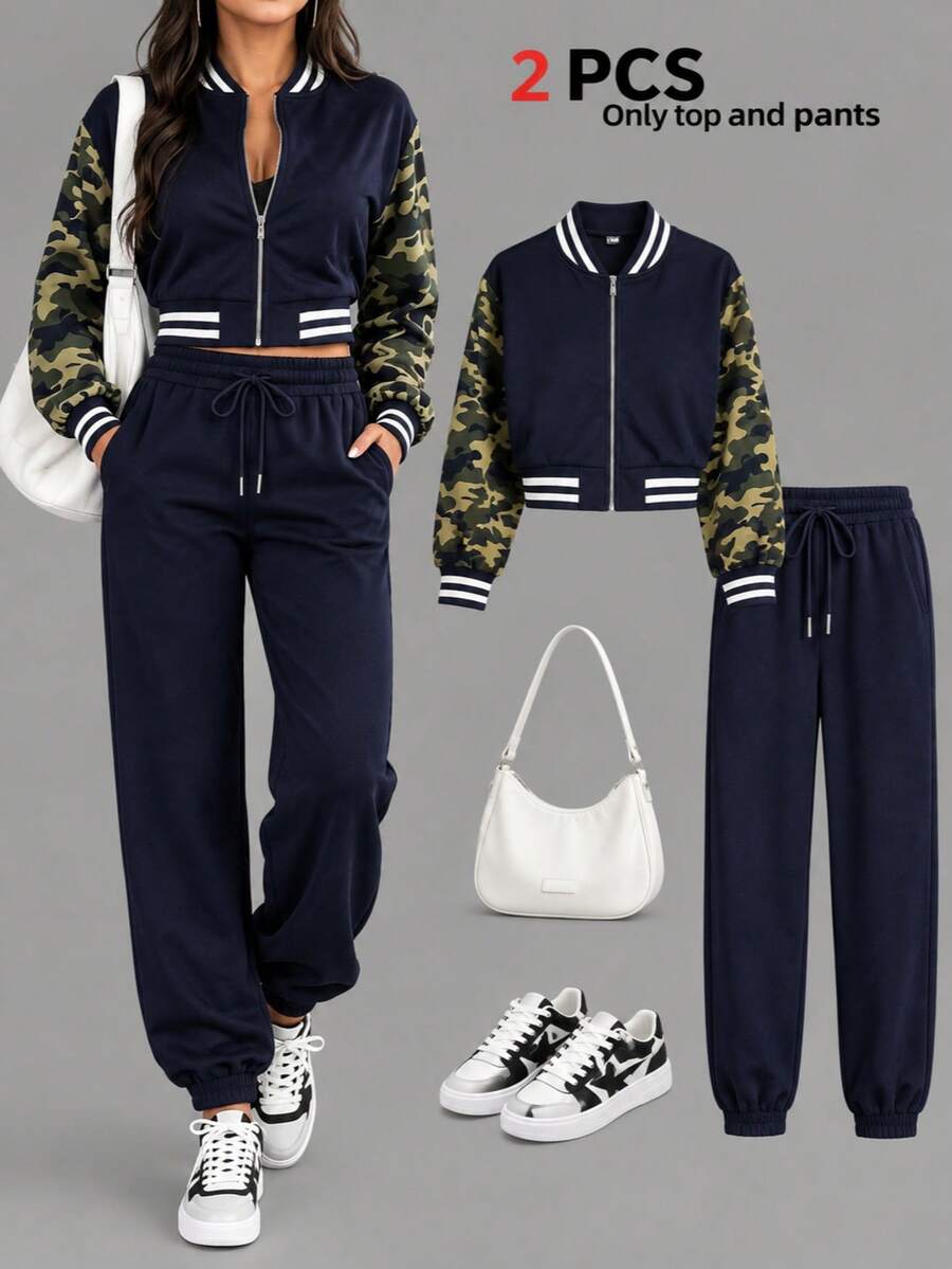 Women's Spring/Autumn Fashion Casual Home-Style 2 Pieces Set, Colorblock Long Sleeve Top With Solid Drawstring Pants, Slim Fit Flattering Waist-Cinching Comfortable Outfit For Daily Wear, Street, Sports, Airport And Spring Break - Navy - View 1