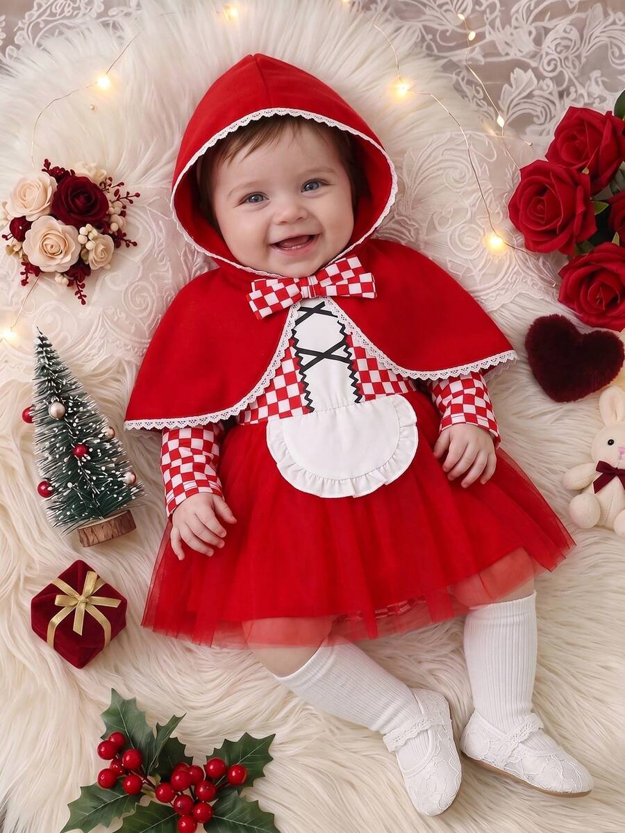 Baby Girl Autumn/Winter Cute Red Riding Hood Costume Red & White Plaid Print Long Sleeve Apron Mesh Dress + Lace Trim Hooded Cape, Suitable For Christmas - Red - View 1