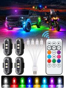 1/2/4/6件組無線遙控RGB LED閃爍燈，彩色閃爍警示燈，多模式車內氛圍燈，可充電汽車與摩托車燈，汽車配件，派對裝飾，聖誕萬聖節禮物 - A - 查看 15