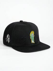 1pc Religious Saint And Cross Embroidered Flat Brim Baseball Cap Black Streetwear Hip Hop Hat - A - View 4