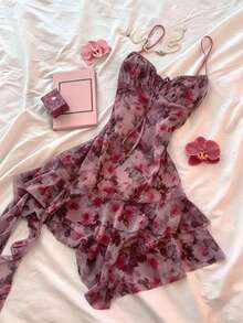 Halloween Dark Rose Ditsy Floral Spaghetti Strap Dress For Women, Heart Neckline Layered Ruffle Mesh Mini Skirt, Vintage Vibe Party Outfit - Multicolor - View 1
