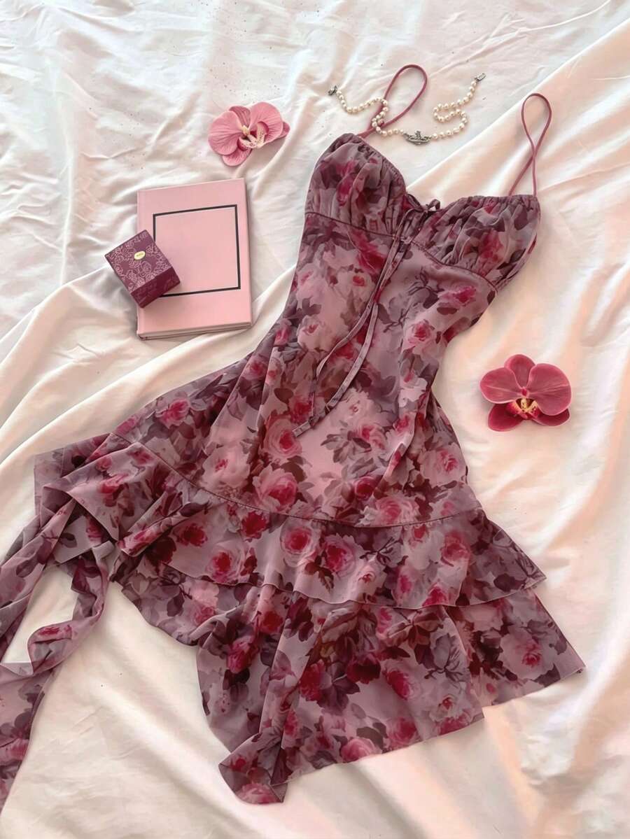 Halloween Dark Rose Ditsy Floral Spaghetti Strap Dress For Women, Heart Neckline Layered Ruffle Mesh Mini Skirt, Vintage Vibe Party Outfit - Multicolor - View 1