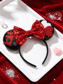 Disney1pcs Heart Mouse Ears Headband, Red Sequin Bow Cosplay Party Hair Accessory For Adults - Multicolor - View 9
