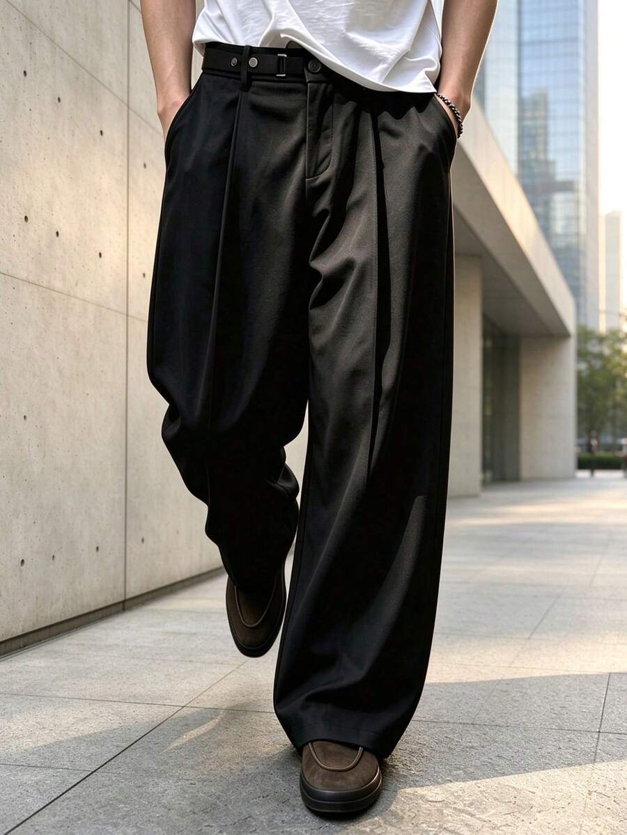 Men's Casual Button-Front Long Pants With Pockets, All-Season - Black - View 1