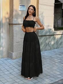 Vellofy Women's Autumn/Winter Black Ruffle Camisole Top + Layered Long Skirt Two Pieces Set, Elastic Waistband, Casual Home Daily Date Party Outfit - Black - View 9