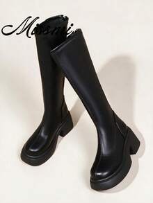 New Thick-Sole Chunky Leg Tall Boots With Elastic, Don't Drop Cuff, Autumn/Winter,Women Boots - Black - View 2