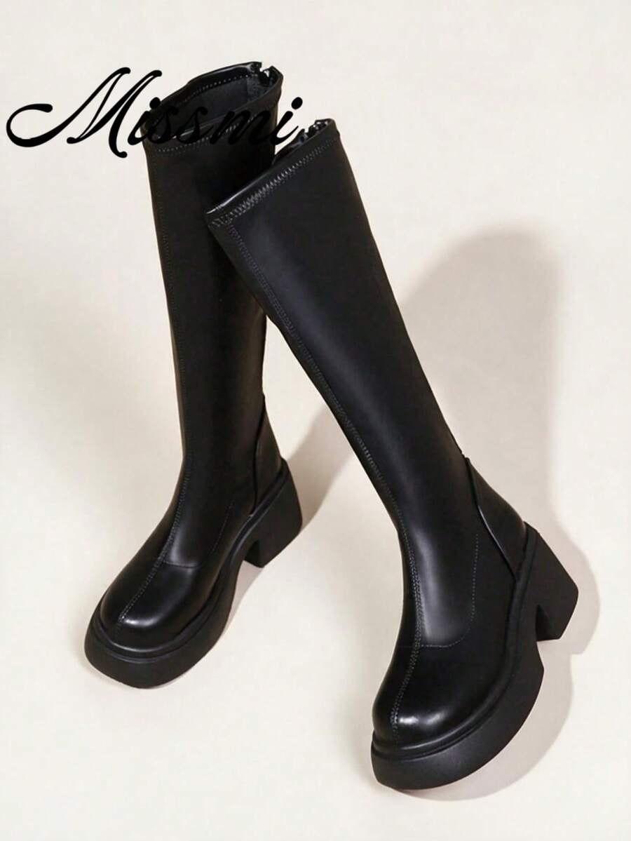 New Thick-Sole Chunky Leg Tall Boots With Elastic, Don't Drop Cuff, Autumn/Winter,Women Boots