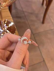 1pc Copper Gold Star & Moon Open Ring, Luxury Niche Personalized Versatile Index Finger Ring For Women, Suitable For Daily, Holiday, Party And Vacation Wear - Gold - View 1