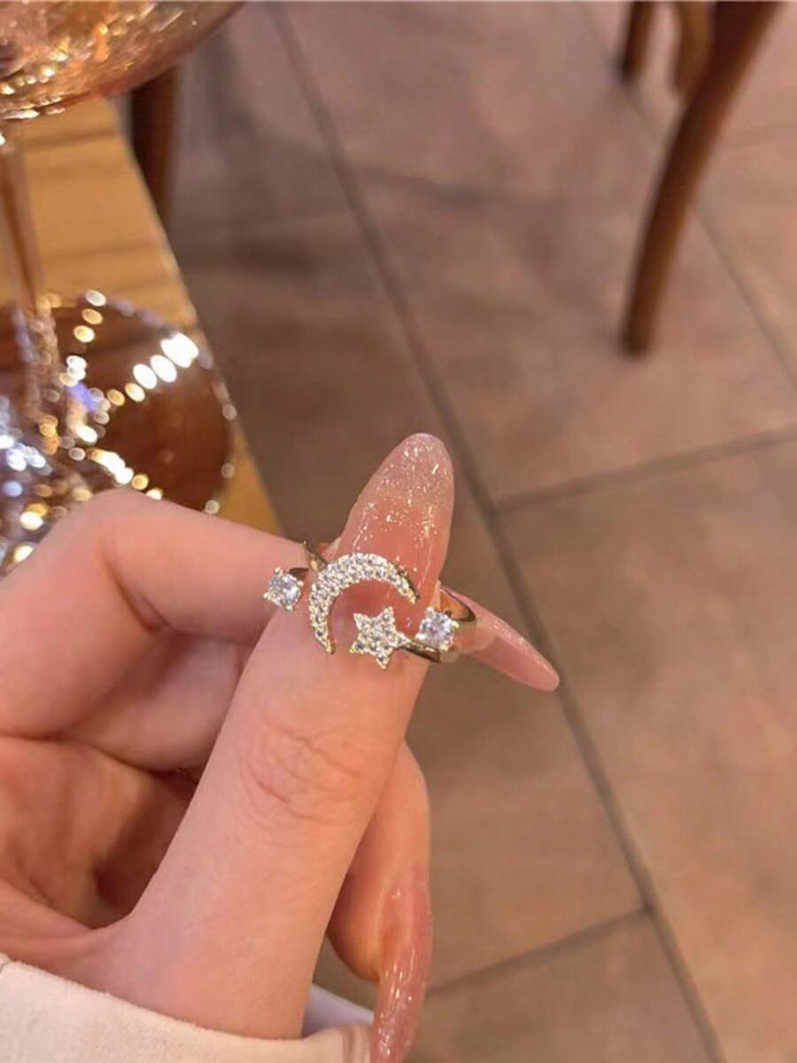 1pc Copper Gold Star & Moon Open Ring, Luxury Niche Personalized Versatile Index Finger Ring For Women, Suitable For Daily, Holiday, Party And Vacation Wear - Gold - View 1