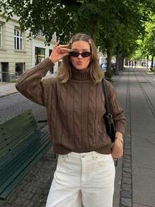 Cable Knit Turtleneck Sweater, Loose Fit, Drop Shoulder Long Sleeves, Coffee Winter Outfit Essential, Soft Casual Pullover - Coffee Brown - View 1