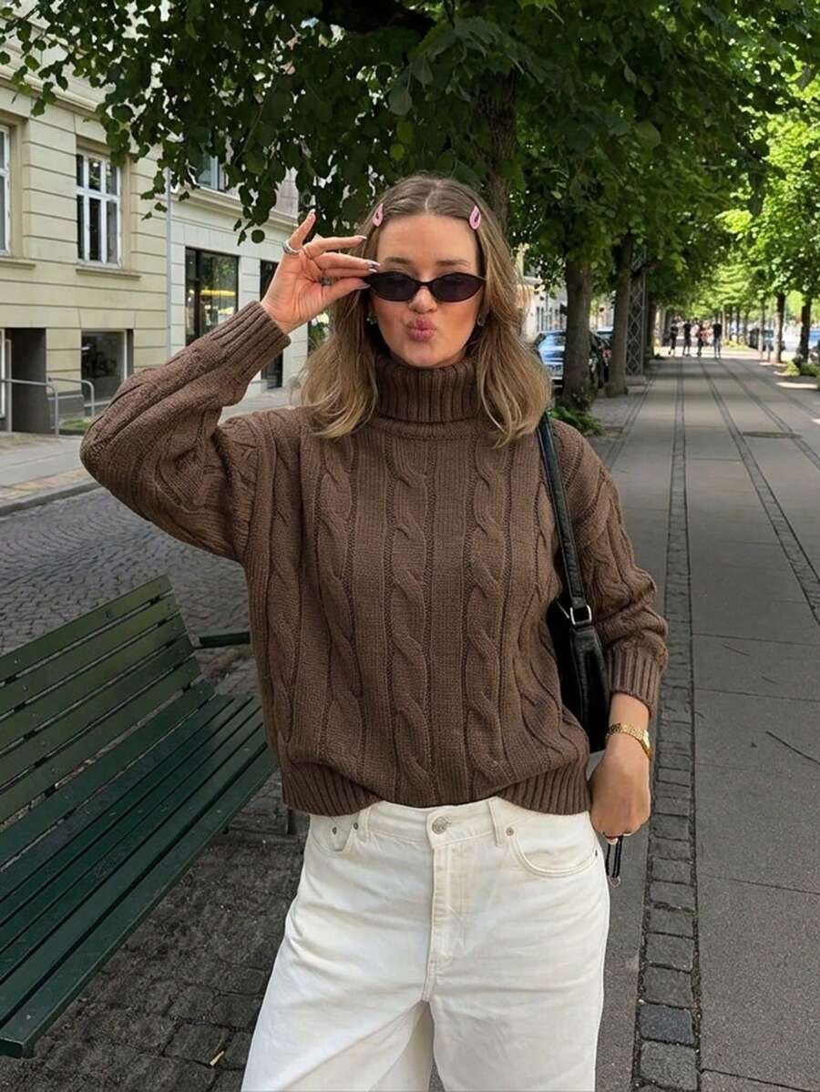 Cable Knit Turtleneck Sweater, Loose Fit, Drop Shoulder Long Sleeves, Coffee Winter Outfit Essential, Soft Casual Pullover - Coffee Brown - View 1