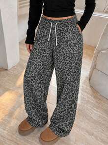 1pc Teen Girls Street Style Leopard Print Wide Leg Loose Pants, Drapey Fit, Casual Comfortable Versatile Long Trousers For Daily Wear, Home And Outings - Multicolor - View 1
