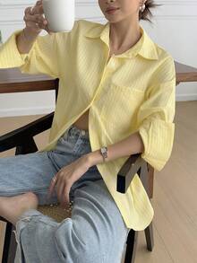 Vellofy Women's Autumn/Winter Yellow Striped Button-Up Collared Long Sleeve Loose Shirt With Pockets, Suitable For Home Leisure, Daily Dating And Gatherings - Yellow - View 8