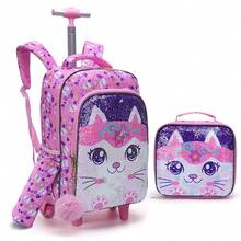 3pcs/Set Kids Rolling Travel Bag, Double-Sided Pink Cartoon Cat Sequin Design Backpack, With Handbag And Pencil Case, Reflective At Night - Pink - View 11