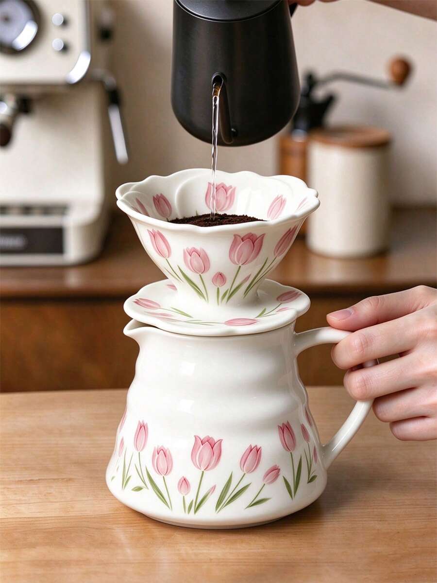 2pcs Tulip Drip Coffee Pot Set, Ceramic Filter Cup Material Decanter And Ceramic Coffee Drip Brewer, Suitable For Home, Camping And Outdoor Activities Handheld Coffee Brewer - Multicolor - View 1