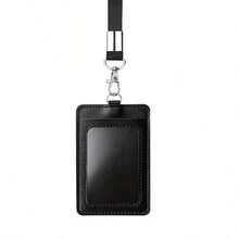 1pc Card Holder + 1pc Lanyard, Minimalist Business Work Card PU Card Holder, Student ID Card Holder, Glossy Lanyard Card Holder, Double Layer Card Holder - A - View 3