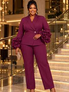 Plus Size Burgundy Two Pieces Pants Suit Long Sleeve Shawl Collar Peplum Blazer With Ruffle Flare Cuff Elegant Formal Church Business Fall Outfit - Burgundy - View 7