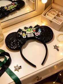 Disney Grogu Mouse Ear Headband, Black Sequin Bow With Snack Patch, Adult Cosplay Party Hair Accessory - Multicolor - View 3