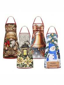 1pc/2pcs/4pcs Christmas Linen Feel Bib Apron, Santa & Mrs.Claus, Reindeer, Snowman, Christmas Tree & Winter Village Print, Merry Christmas Letter, Red Halter Strap, Kitchen Cooking Baking Apron, Xmas Holiday Decor & Gift - Multicolor - View 2