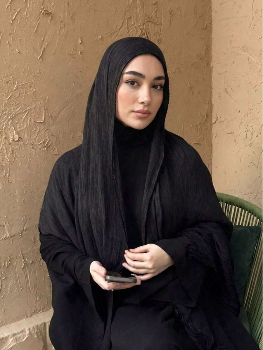 1pc Arabic Style Headscarf, Thin Solid Color Lightweight Casual Long Scarf For Daily Use - Black - View 1