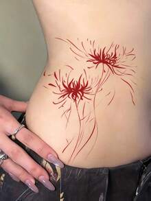 1 Sheet Red Spider Lily Temporary Tattoo Stickers, Delicate Thin Line Lycoris Flower Fake Tattoos For Back Shoulder, Waterproof Body Art Decals For Women Elegant Party Decor - Red - View 3