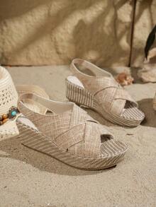 Women's New Beige Linen Cross-Back Strap Roman Sandals, Vintage Bohemian Style Open Toe Vacation Beach Summer Wedge Thick Sole Sandals - Beige - View 5