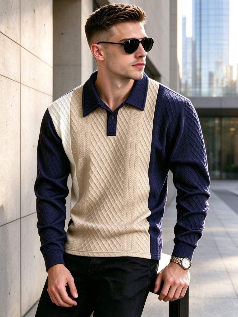 Men's Spring/Autumn 3D Rhombus Jacquard Textured Fabric Contrast Color Patchwork Long Sleeve Polo Shirt - Blue - View 1