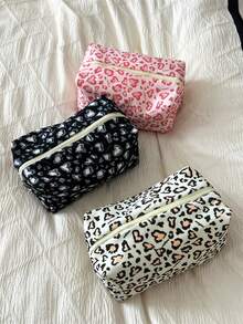 AGG,Leopard & Floral Print Makeup Bag, Large Capacity Canvas Cosmetic Pouch, Portable Travel Zipper Toiletry Storage Bag For Women - Multicolor - View 2