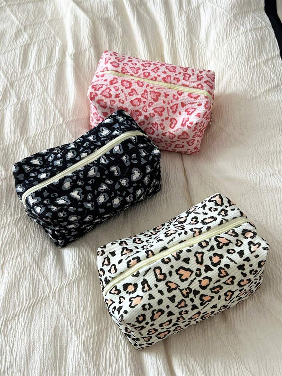AGG,Leopard & Floral Print Makeup Bag, Large Capacity Canvas Cosmetic Pouch, Portable Travel Zipper Toiletry Storage Bag For Women